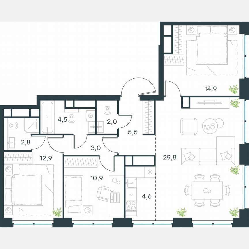 4-к. квартира, 90,9 м², 44/64 эт.
