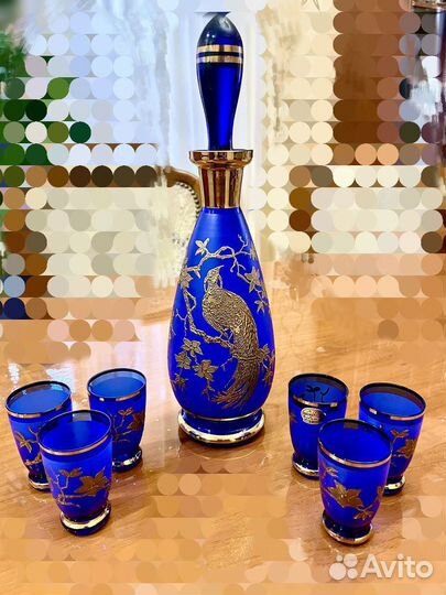 Графин 6 рюмок стопок Богемия Чехословакия кобальт
