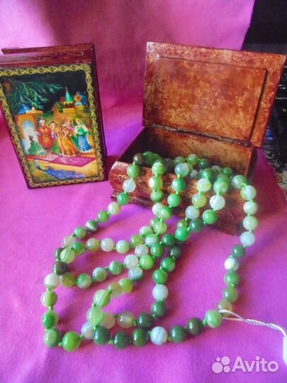 Колье 120 см агат натур травяного цвета