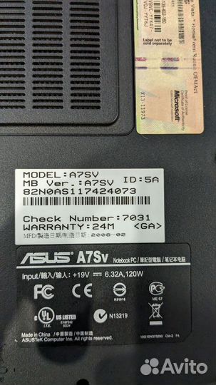 Ноутбук asus A7SV (на запчасти)