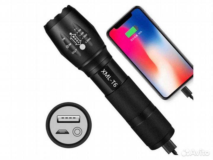 Фонарь LED Zoom T6 2000Lm c Аккум USB