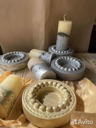 Набор свечей в бетоне и бетонных подсвечниках