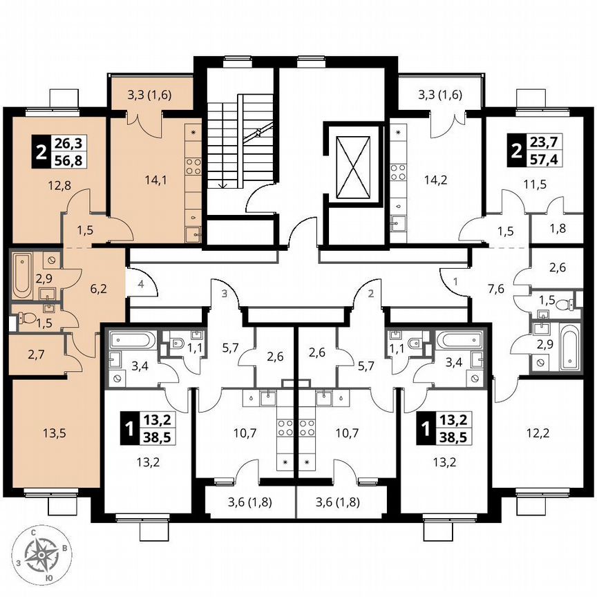 2-к. квартира, 56,8 м², 8/8 эт.