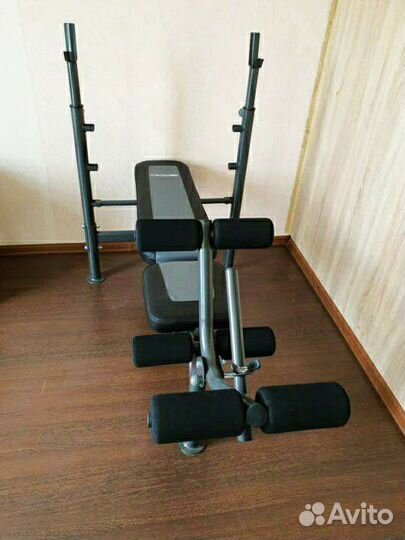 Скамья со стойками Torneo + гриф + блины