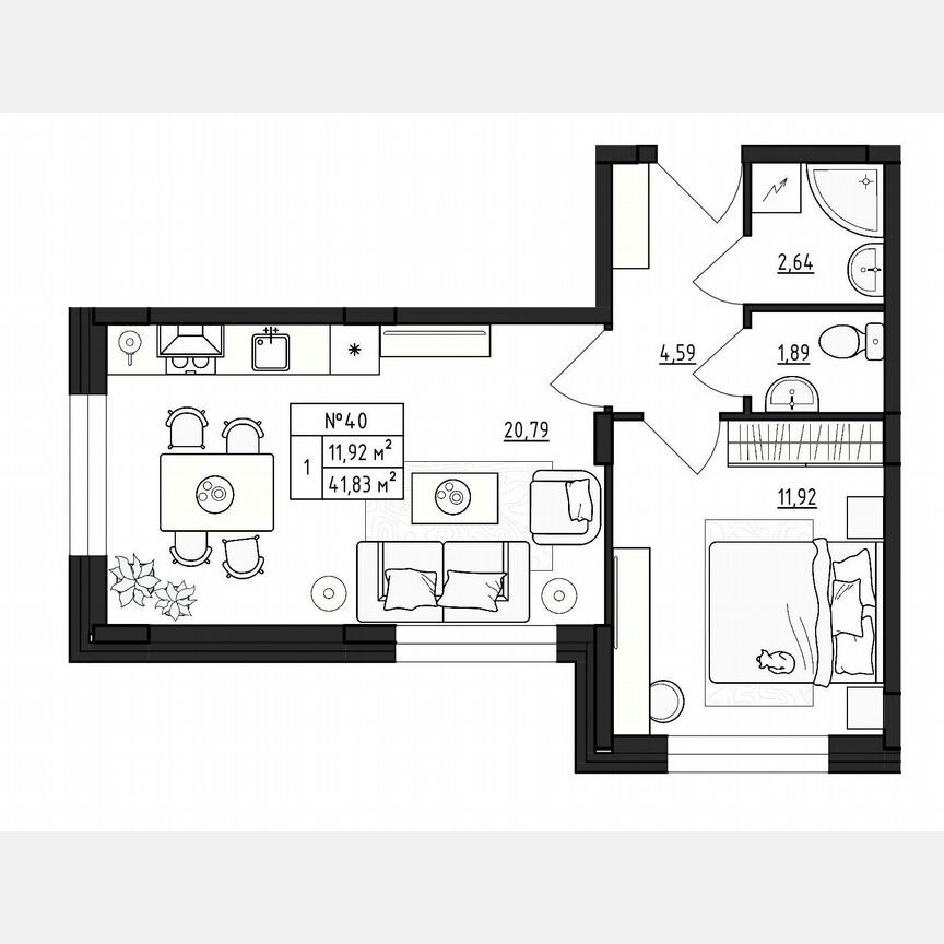 1-к. квартира, 41,8 м², 1/4 эт.