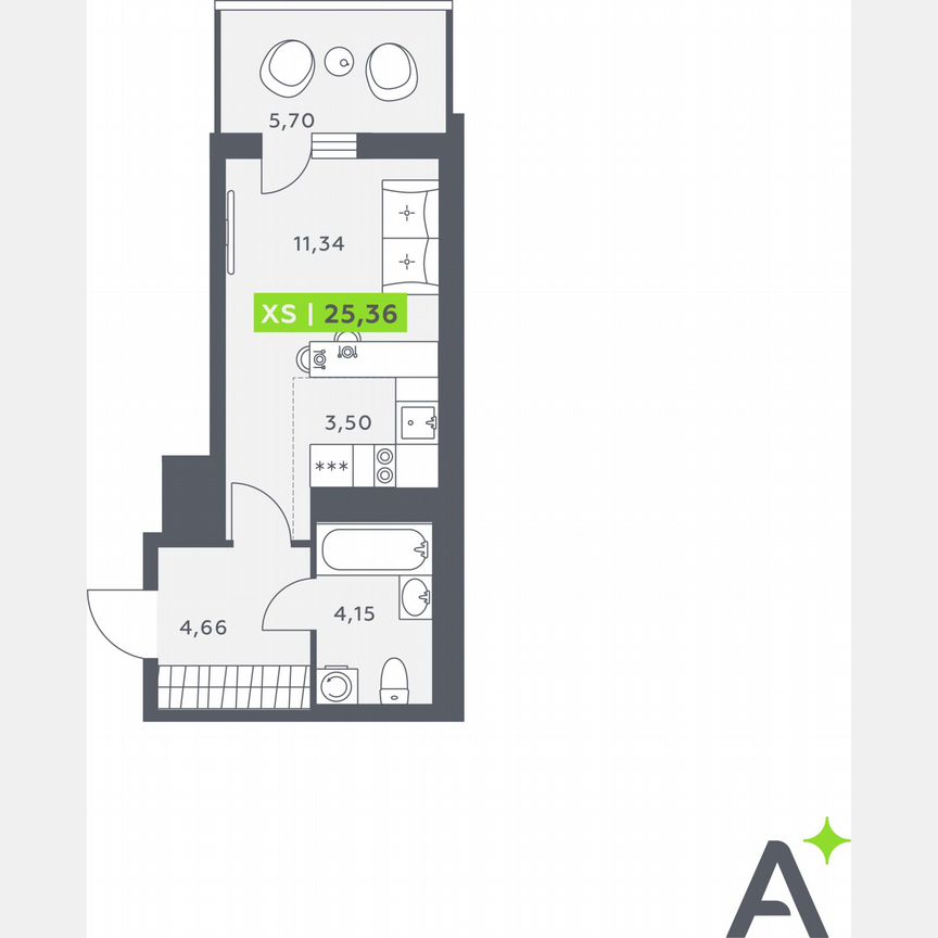 Квартира-студия, 25,4 м², 3/12 эт.