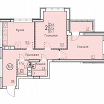 Своб. планировка, 55,1 м², 3/25 эт.