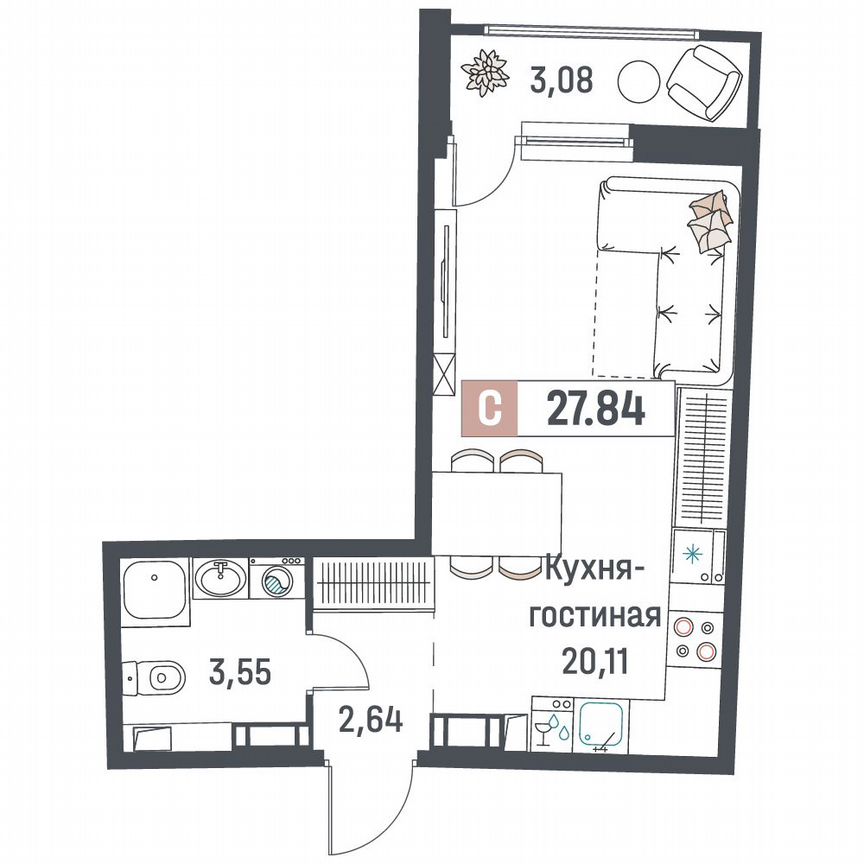Квартира-студия, 27,8 м², 12/18 эт.