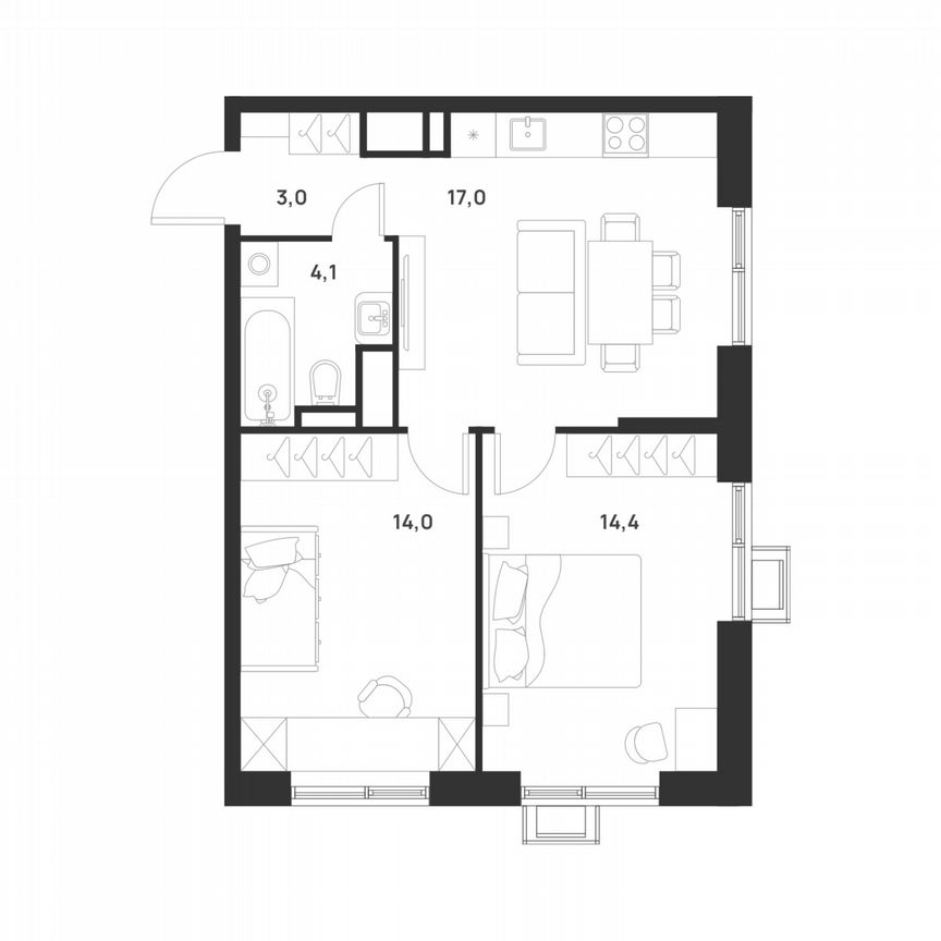 2-к. квартира, 52,5 м², 17/17 эт.