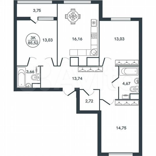 3-к. квартира, 85,5 м², 3/17 эт.
