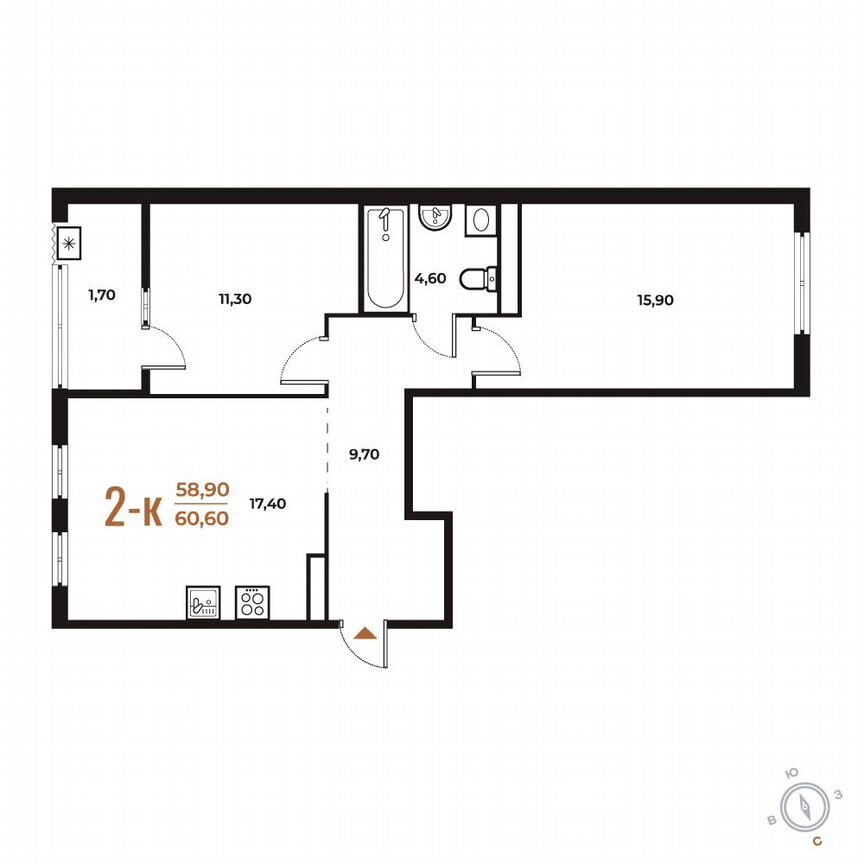 2-к. квартира, 60,6 м², 6/8 эт.
