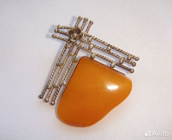 Серебряная Брошь Натуральный Янтарь Ириски Серебро