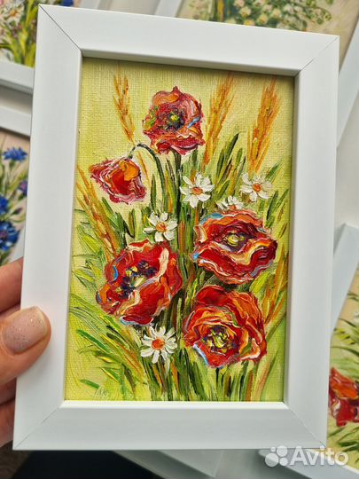 Картины маслом с цветами в рамах маки васильки