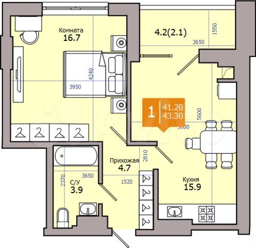 2-к. квартира, 43,3 м², 16/18 эт.