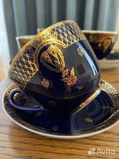 Чайная пара Золотой лотос Кобальт времен СССР