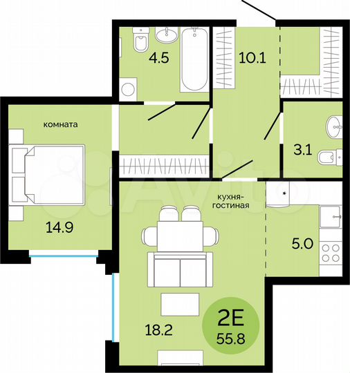 2-к. квартира, 55,8 м², 2/17 эт.