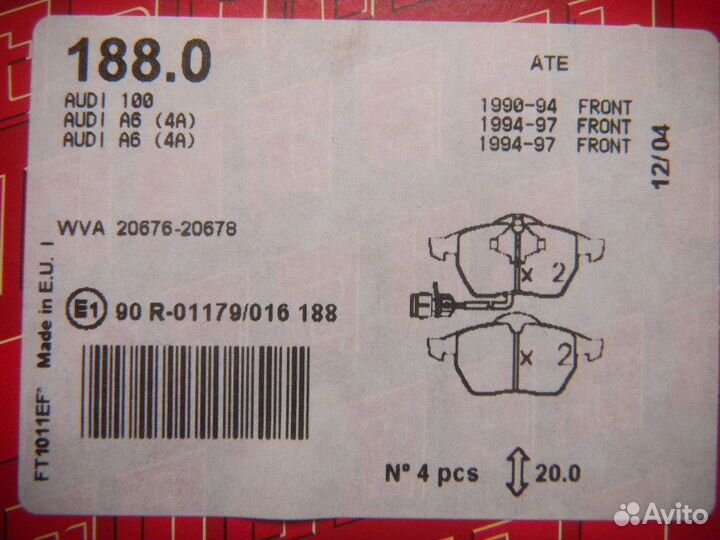 F.188.0 Колодки торм. пер. Audi 100, A6 1990-1997