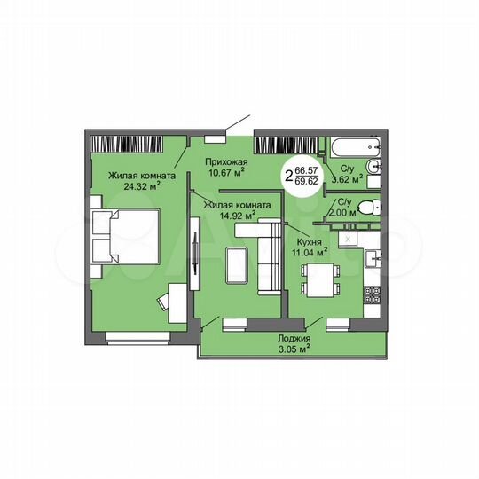 2-к. квартира, 69,6 м², 16/17 эт.