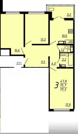 3-к. квартира, 77,3 м², 16/17 эт.