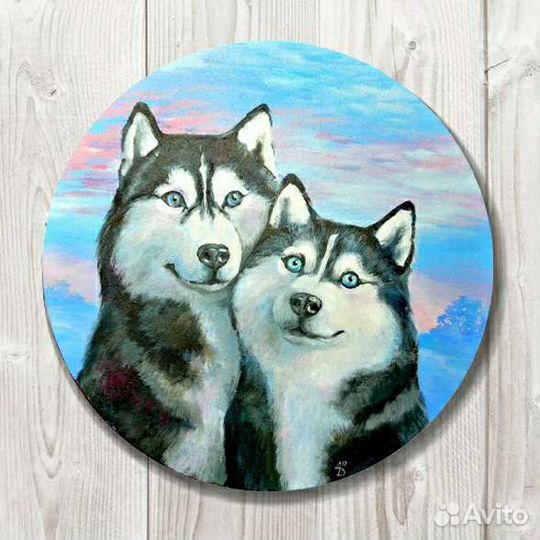 Картина маслом на холсте лиса собака хаски парочка