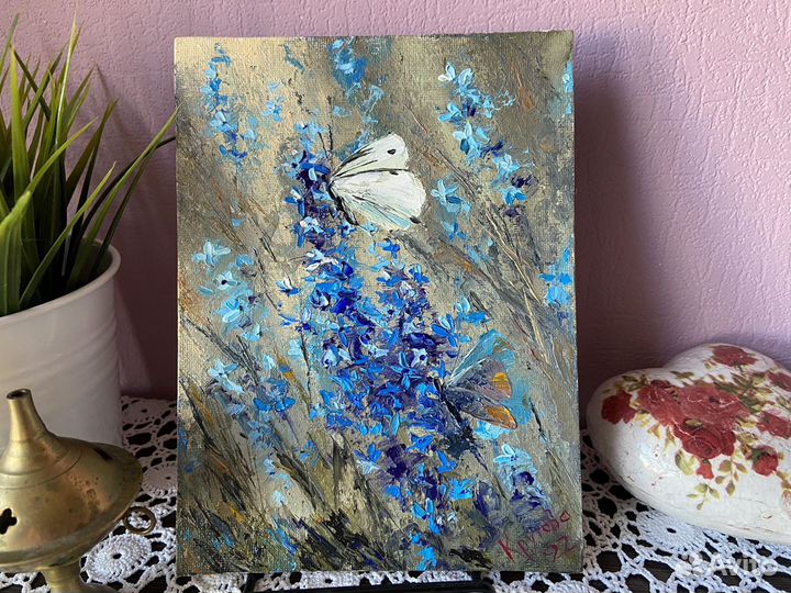 Картина маслом Бабочки на картоне 20х15 см