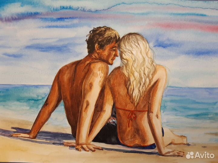 Влюблённая пара Аварель А3 Ню Пара на пляже