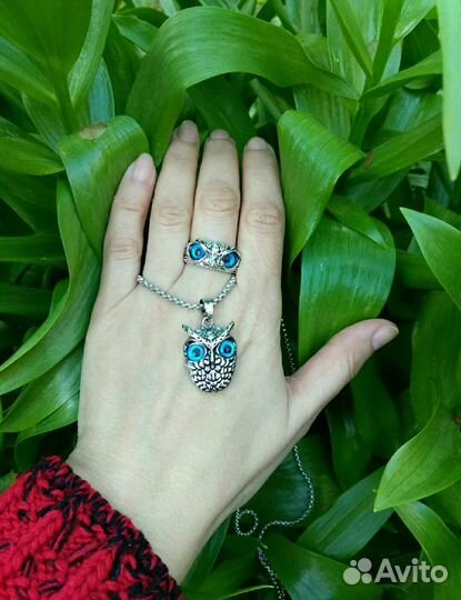 Кулон сова + кольцо сова + цепочка