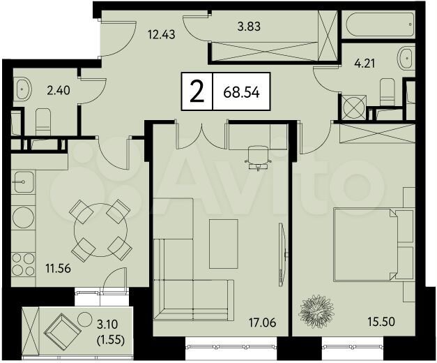 2-к. квартира, 68,5 м², 5/17 эт.