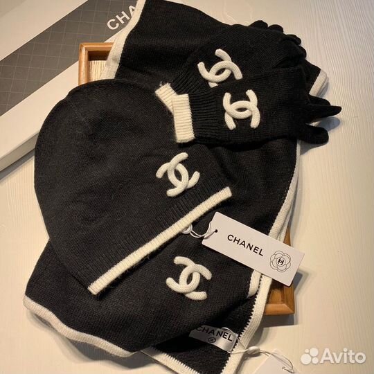Комплект chanel шапка перчатки шарф