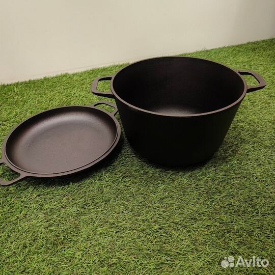 Кастрюля чугунная 6 л. С крышкой сковородкой