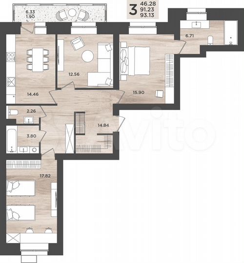 3-к. квартира, 93,1 м², 8/10 эт.