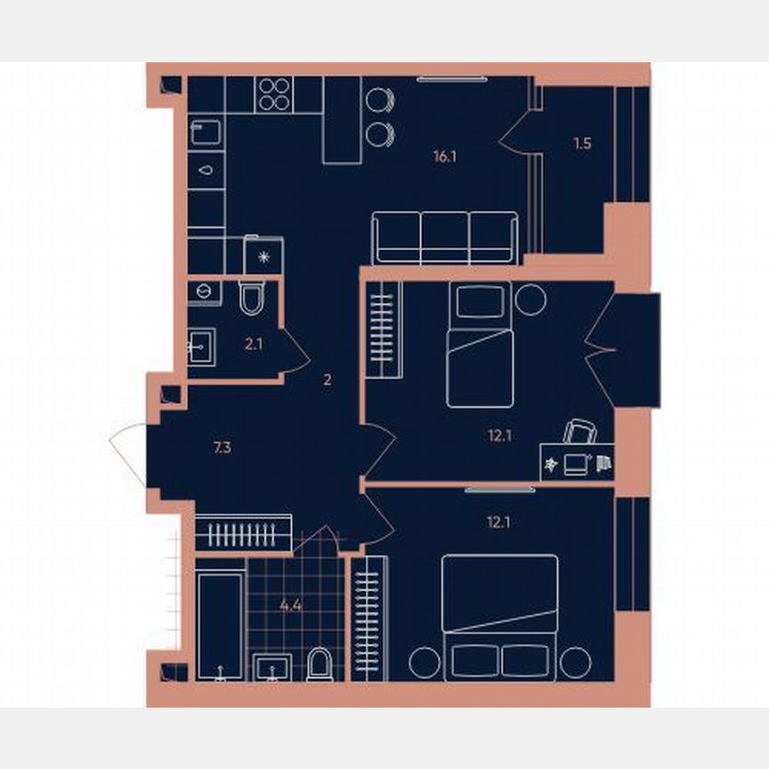 2-к. квартира, 57,6 м², 4/33 эт.