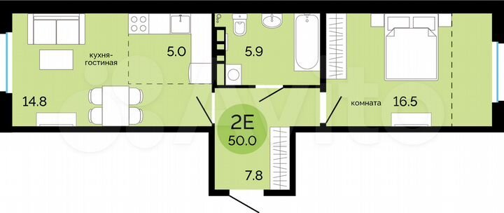 2-к. квартира, 50 м², 2/17 эт.