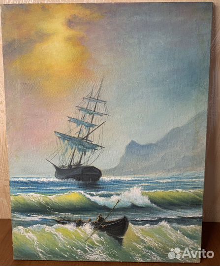 Картина Холст, Масло. Морской пейзаж. Парусник