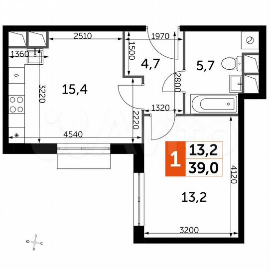 1-к. квартира, 39 м², 7/16 эт.