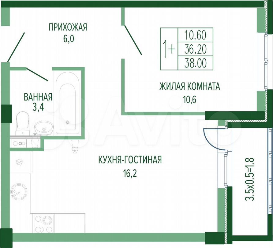 1-к. квартира, 38,9 м², 3/7 эт.