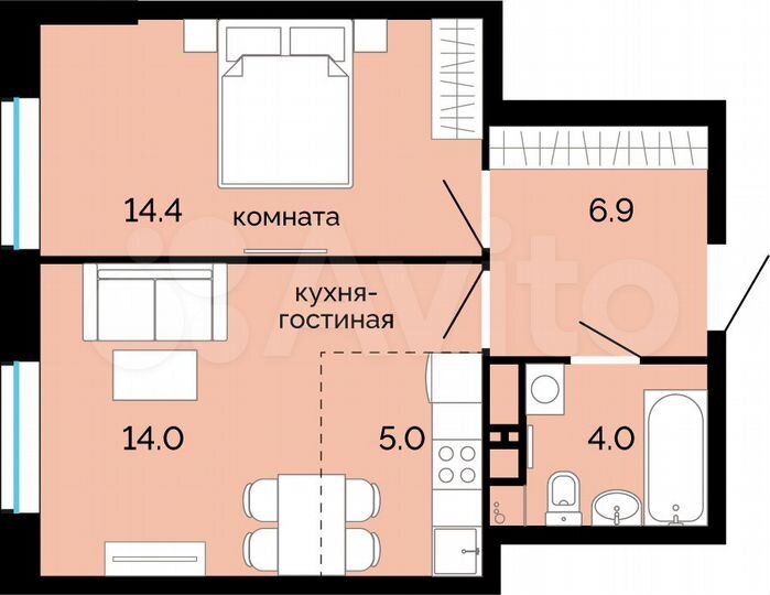 2-к. квартира, 44,3 м², 2/25 эт.