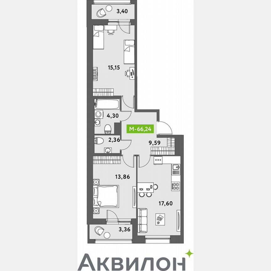 2-к. квартира, 67,4 м², 12/12 эт.