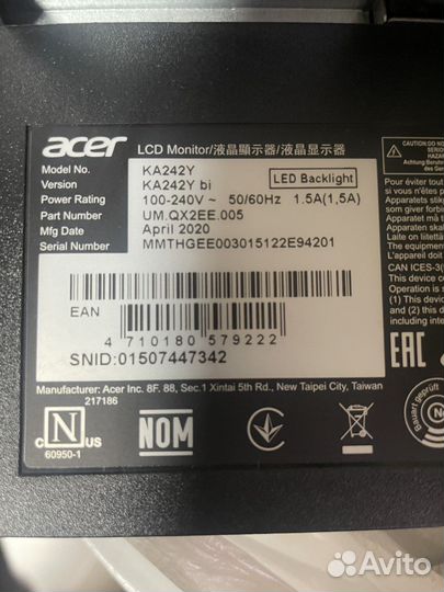 Монитор FullHD 75гц Acer 24” ka242ybi