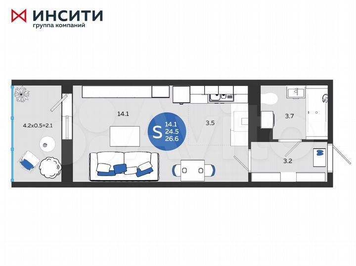 Квартира-студия, 26,6 м², 13/24 эт.