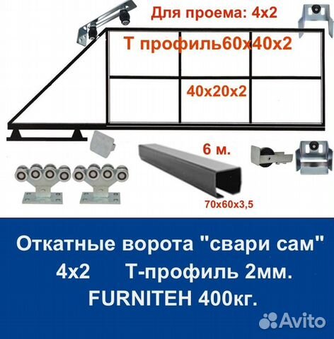 Комплект откатных ворот furniteh 4х2 Т-профиль