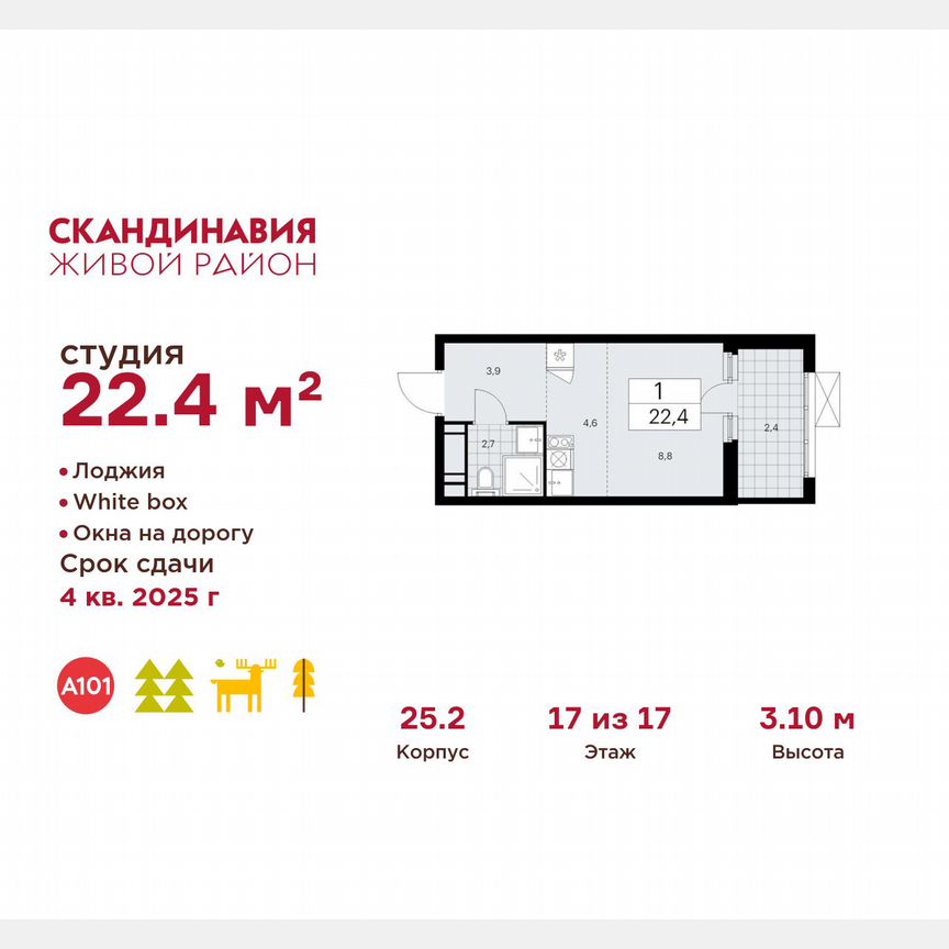 Квартира-студия, 22,4 м², 17/17 эт.