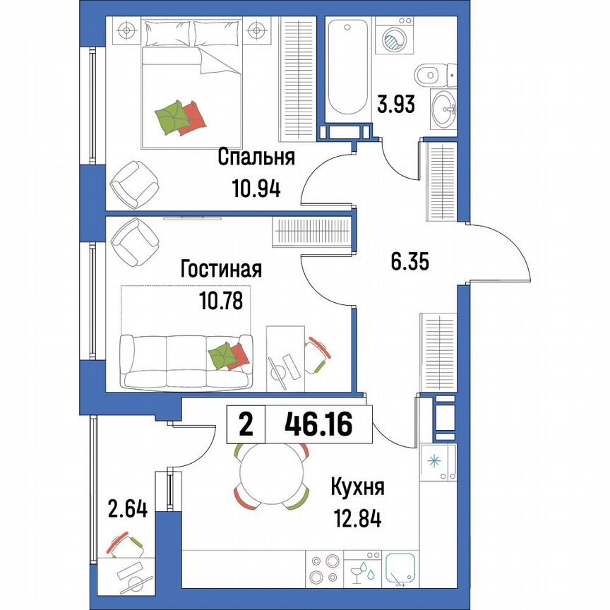 2-к. квартира, 46,2 м², 8/16 эт.