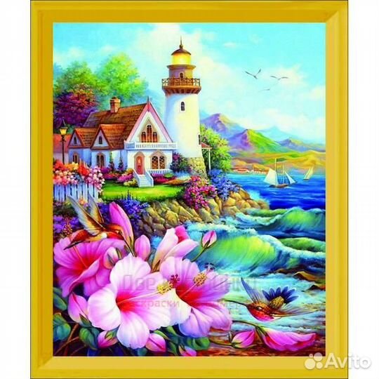 Алмазная мозаика 21x25 Маяк у моря, колибри и цвет