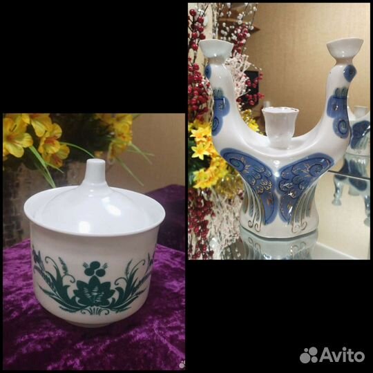Подсвечник. Сахарница.Фарфор. Винтаж