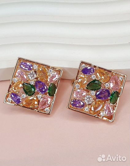 Серьги дубайское золото квадраты микс
