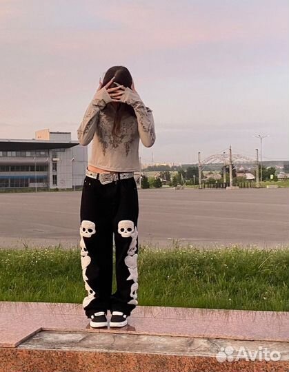 Джинсы с скелетами,Hip-hop,y2k штаны