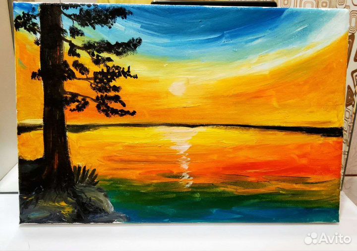 Картина маслом на холсте пейзаж: закат морской