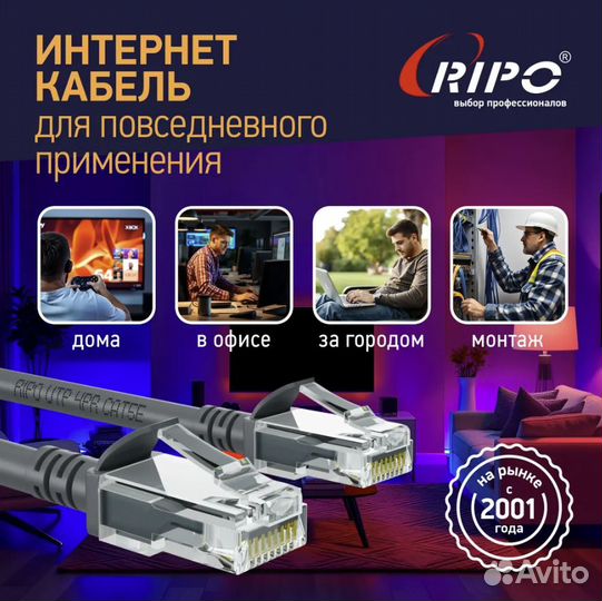 Патч-корд Ripo UTP Cat 5E, RJ45, 1,5 m, серый, 003