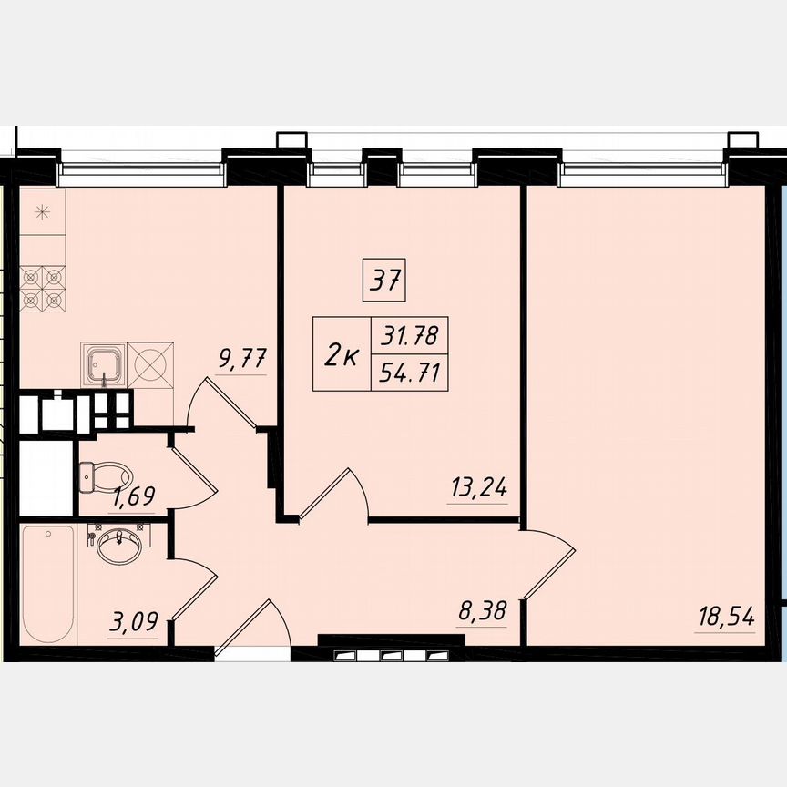 2-к. квартира, 54,9 м², 2/4 эт.